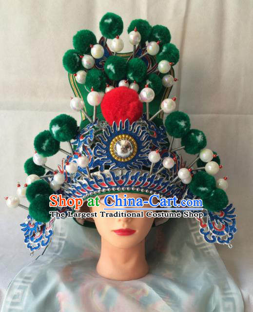 Chinese Beijing Opera Royal Highness Green Hat Traditional Peking Opera Swordsman Helmet Headwear for Men