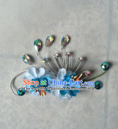 Chinese Beijing Opera Diva Blue Silk Flowers Hair Claw Hairpins Traditional Peking Opera Hair Accessories for Women