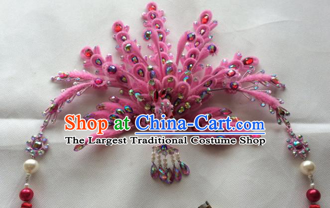 Chinese Beijing Opera Queen Pink Velvet Phoenix Hair Crown Hairpins Traditional Peking Opera Diva Hair Accessories for Women