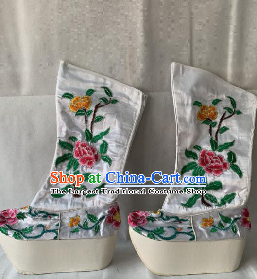 Chinese Beijing Opera Female White Boots Traditional Peking Opera Blues Embroidered Shoes for Women