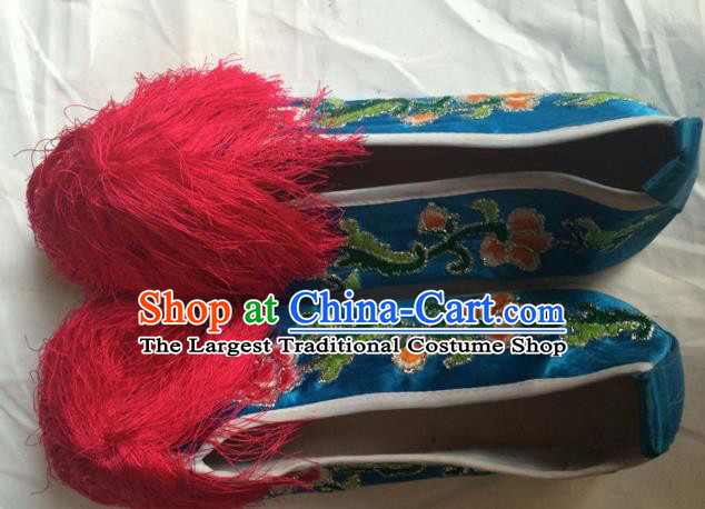 Chinese Beijing Opera Princess Blue Shoes Traditional Peking Opera Diva Embroidered Shoes for Women