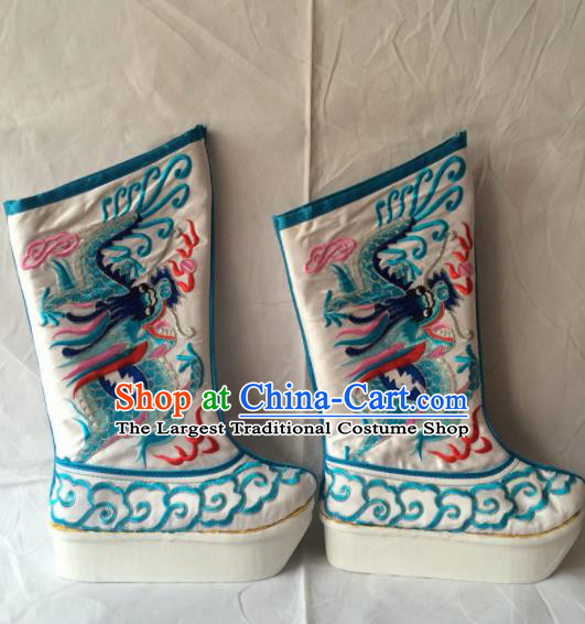 Chinese Beijing Opera Emperor White Boots Traditional Peking Opera Takefu Embroidered Shoes for Men