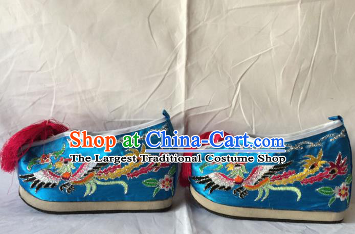 Chinese Beijing Opera Princess Blue Shoes Traditional Peking Opera Diva Embroidered Shoes for Women