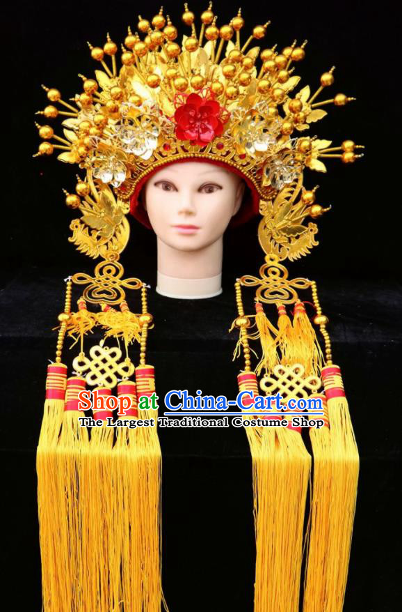 Chinese Beijing Opera Golden Phoenix Coronet Traditional Peking Opera Bride Hat Hair Accessories for Women