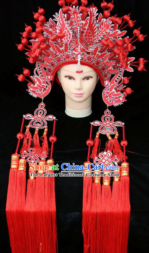 Chinese Beijing Opera Diva Red Phoenix Coronet Traditional Peking Opera Bride Hat Hair Accessories for Women