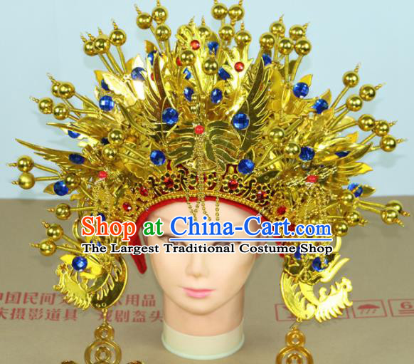 Chinese Beijing Opera Queen Blue Crystal Phoenix Coronet Traditional Peking Opera Bride Hat Hair Accessories for Women