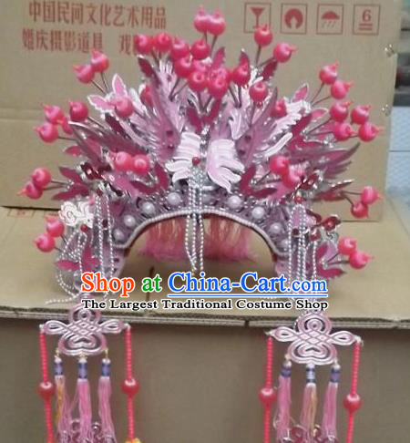 Chinese Beijing Opera Pink Tassel Phoenix Coronet Traditional Peking Opera Bride Hat Hair Accessories for Women