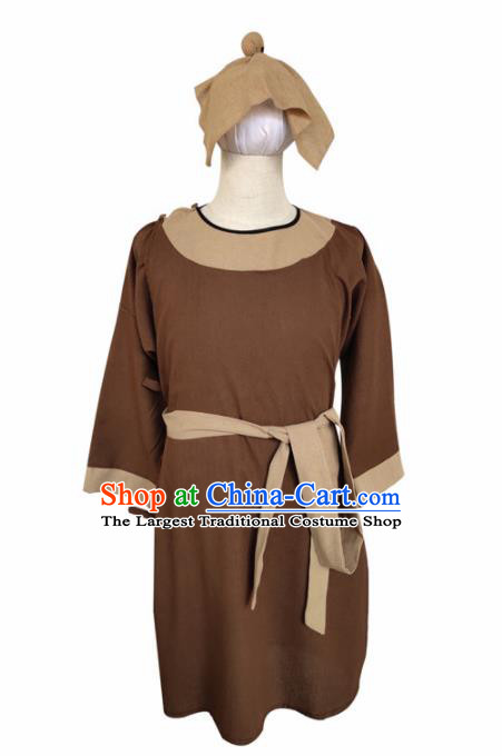 Chinese Ancient Civilian Brown Robe Traditional Ming Dynasty Teahouse Waiter Costume for Men