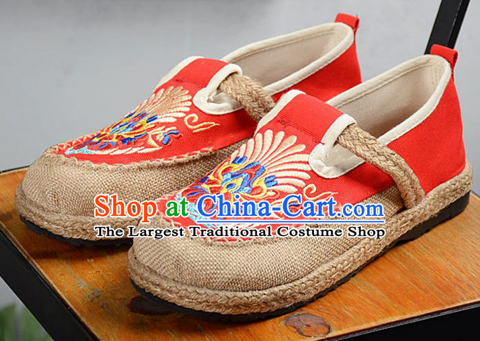 Chinese Traditional Handmade Embroidered Red Flax Shoes National Multi Layered Cloth Shoes for Men