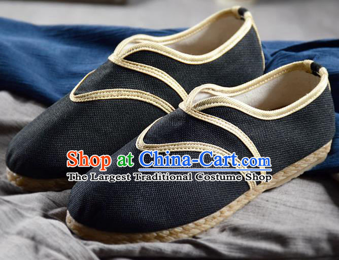 Chinese Traditional Handmade Black Flax Shoes National Multi Layered Cloth Shoes for Men