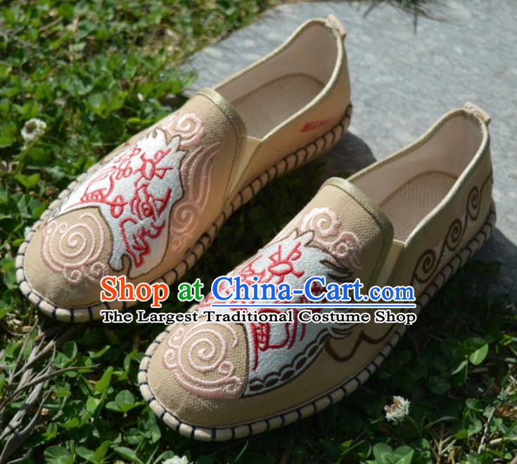 Traditional Chinese Embroidered Beige Shoes Handmade Flax Shoes National Multi Layered Cloth Shoes for Men