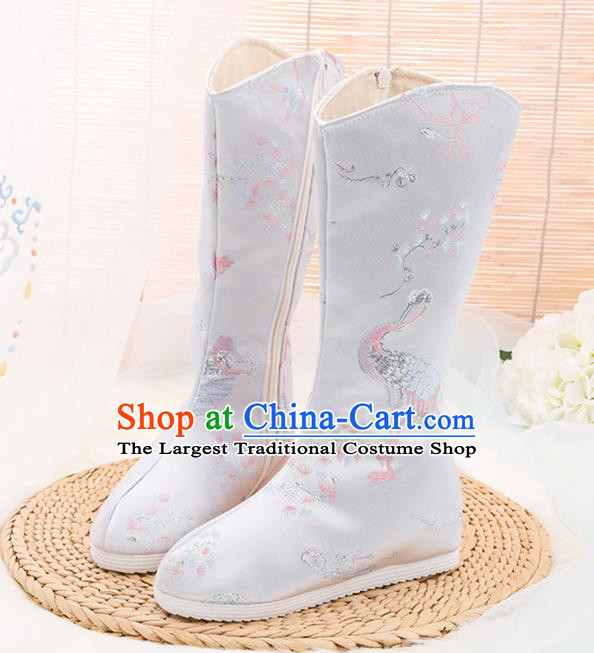 Traditional Chinese Embroidered Crane White Boots Handmade Cloth Shoes National Cloth Shoes for Women