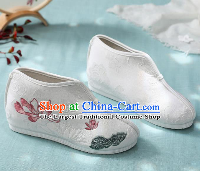 Traditional Chinese Embroidered Lotus White Boots Handmade Cloth Shoes National Cloth Shoes for Women