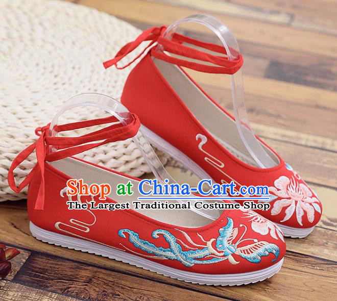 Traditional Chinese Embroidered Peony Butterfly Red Shoes Handmade Cloth Shoes National Cloth Shoes for Women