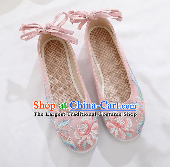 Traditional Chinese Embroidered Peony Butterfly Pink Shoes Handmade Cloth Shoes National Cloth Shoes for Women