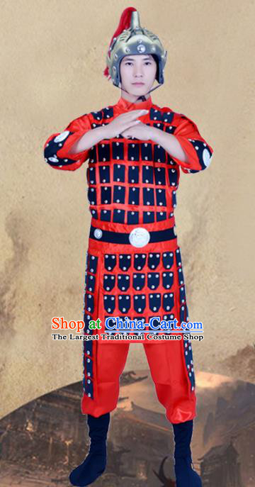 Chinese Ancient Traditional Tang Dynasty General Costume Red Helmet and Armour for Men