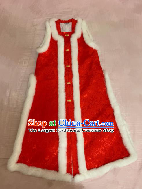 Chinese Ancient Court Winter Red Long Vest Traditional Ming Dynasty Queen Costume for Women