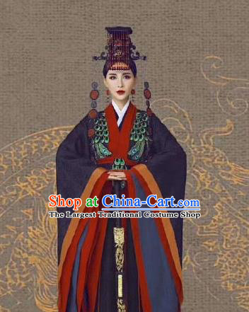 Chinese Ancient Court Queen Mother Black Dress Traditional Qin Dynasty Empress Dowager Costumes and Headpiece for Women