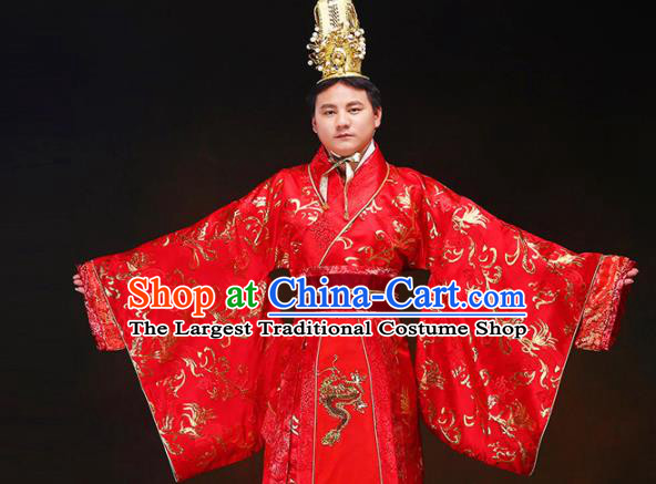 Chinese Ancient Bridegroom Red Hanfu Clothing Traditional Han Dynasty Royal Prince Wedding Costumes and Headpiece for Men