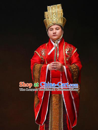 Chinese Ancient Wedding Red Hanfu Clothing Traditional Han Dynasty Bridegroom Costumes and Headpiece for Men