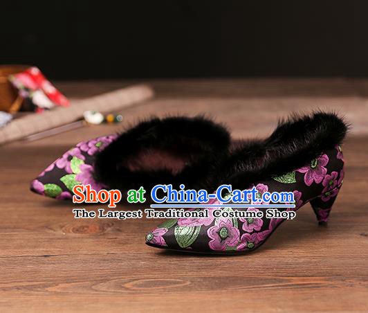 Traditional Chinese Embroidered Purple Flowers Shoes National High Heel Shoes for Women