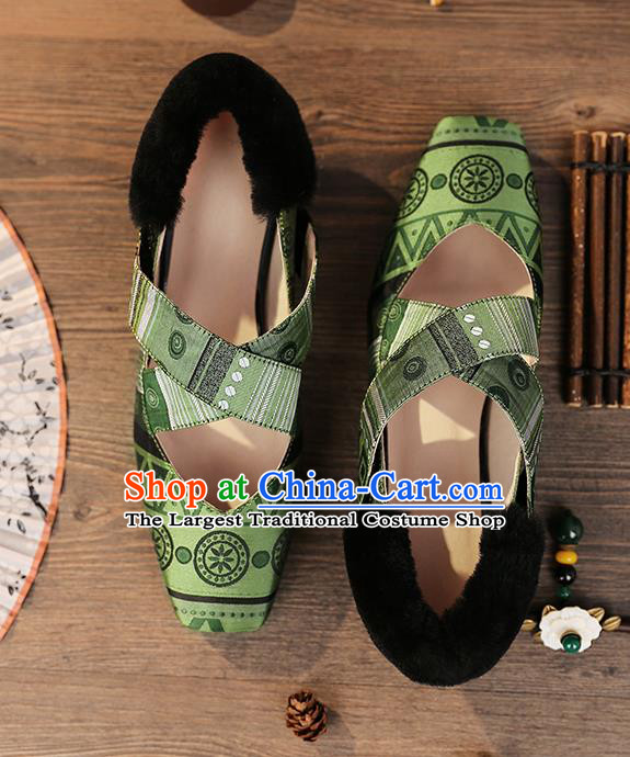 Traditional Chinese Handmade Green Satin Shoes National High Heel Shoes for Women