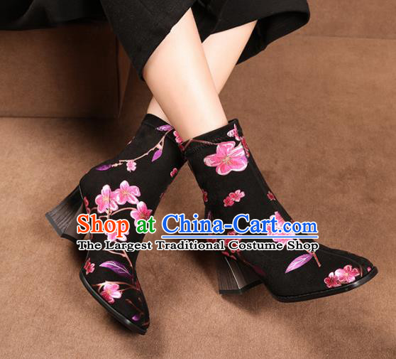 Traditional Chinese Handmade Printing Flowers Black Boots National High Heel Shoes for Women