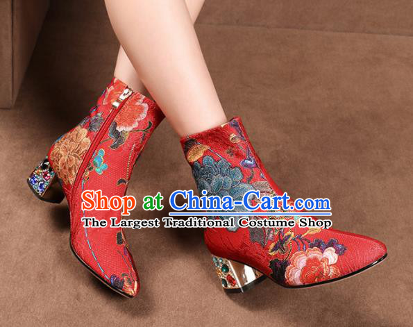 Traditional Chinese Handmade Embroidered Red Boots National High Heel Shoes for Women