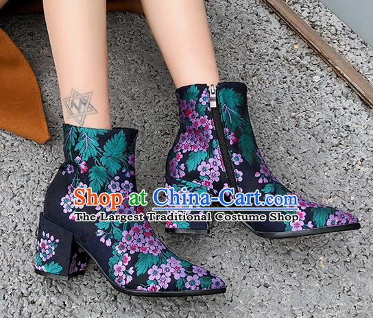 Traditional Chinese Handmade Embroidered Purple Flowers Boots National High Heel Shoes for Women