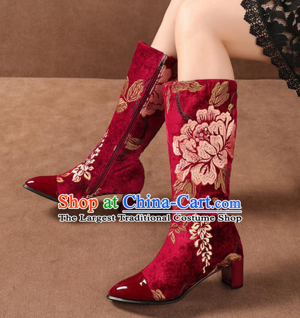 Traditional Chinese Handmade Embroidered Peony Red Long Boots National High Heel Shoes for Women