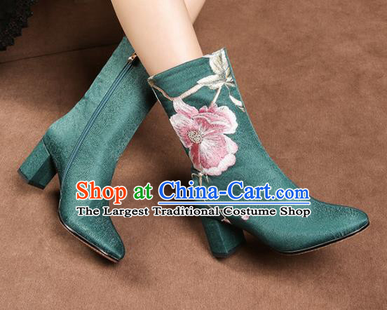 Traditional Chinese Handmade Embroidered Green Boots National High Heel Shoes for Women