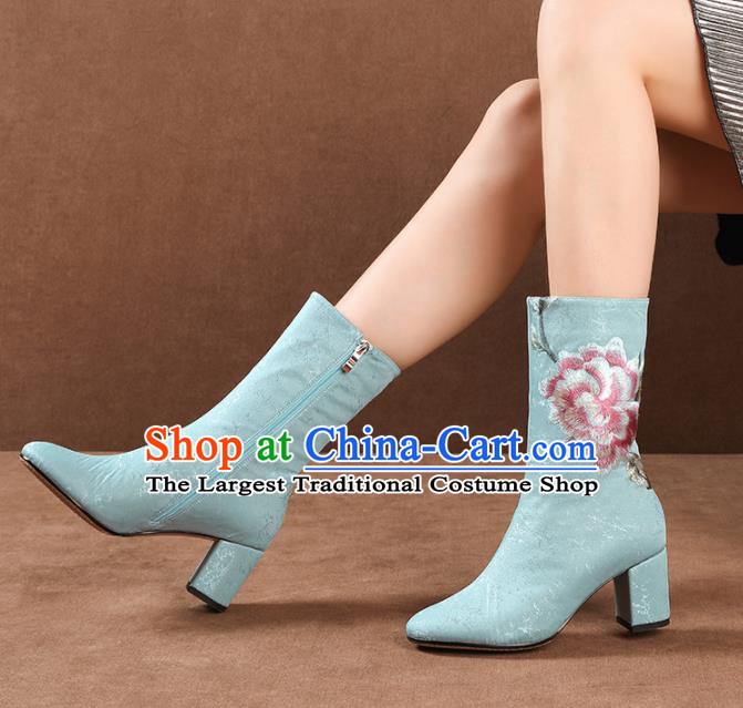 Traditional Chinese Handmade Embroidered Peony Blue Boots National High Heel Shoes for Women