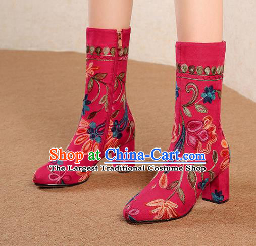 Traditional Chinese Handmade Embroidered Red Boots National High Heel Shoes for Women