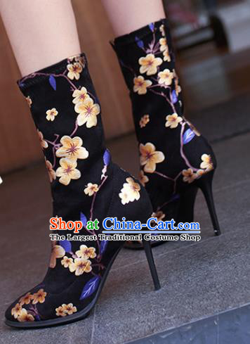 Traditional Chinese Handmade Printing Plum Black Boots National High Heel Shoes for Women