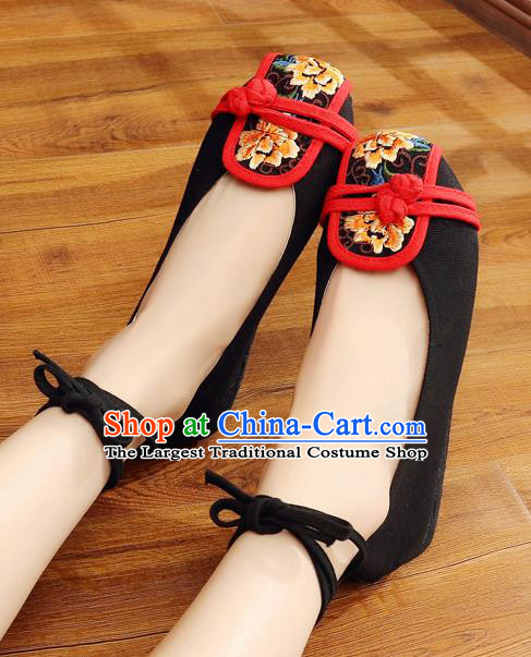 Traditional Chinese Handmade Embroidered Peony Black Shoes National Wedding Cloth Shoes for Women