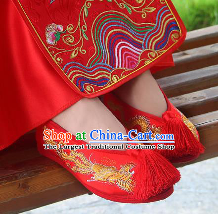 Traditional Chinese Handmade Embroidered Phoenix Red Shoes Hanfu Wedding Shoes National Cloth Shoes for Women