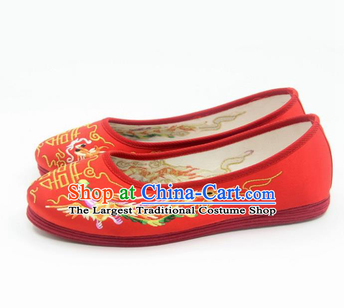 Traditional Chinese Embroidered Dragon Phoenix Red Shoes Handmade Hanfu Wedding Shoes National Cloth Shoes for Women