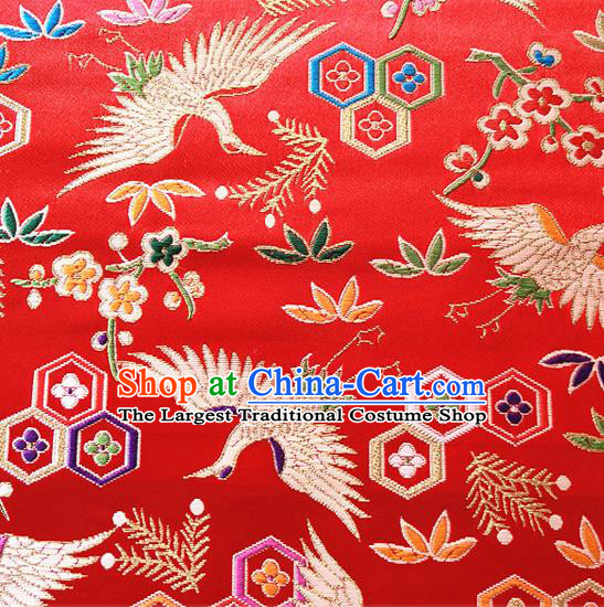 Asian Japan Traditional Plum Crane Pattern Design Red Brocade Damask Fabric Kimono Satin Material