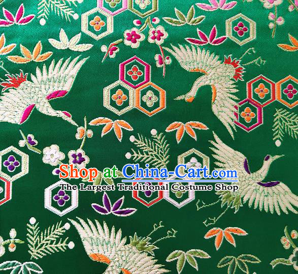 Asian Japan Traditional Plum Crane Pattern Design Green Brocade Damask Fabric Kimono Satin Material