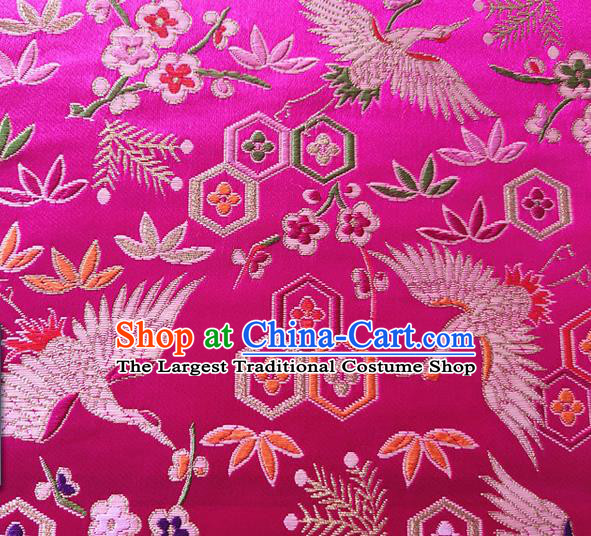 Asian Japan Traditional Plum Crane Pattern Design Rosy Brocade Damask Fabric Kimono Satin Material