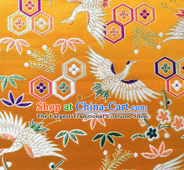 Asian Japan Traditional Plum Crane Pattern Design Golden Brocade Damask Fabric Kimono Satin Material