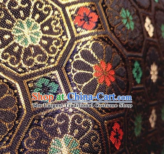 Asian Japan Traditional Chrysanthemum Pattern Design Navy Brocade Damask Fabric Kimono Satin Material