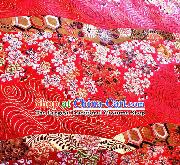 Asian Japan Traditional Cherry Blossom Pattern Design Red Brocade Damask Fabric Kimono Satin Material