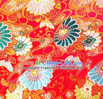 Asian Japan Traditional Daisy Pattern Design Red Brocade Damask Fabric Kimono Satin Material