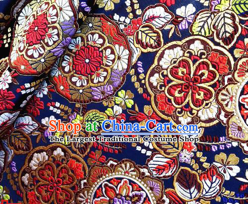 Asian Japan Traditional Flowers Pattern Design Navy Brocade Damask Fabric Japanese Kimono Satin Material