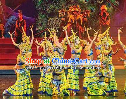 Chinese The Romantic Show of Lijiang Peacock Dance Yellow Dress Stage Performance Costume and Headpiece for Women