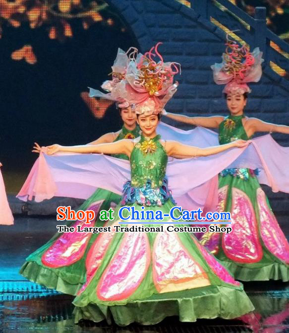 Chinese The Romantic Show of Songcheng Dance Green Dress Stage Performance Costume and Headpiece for Women