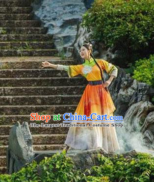 Chinese Love Song of Lijiang Classical Dance Orange Dress Stage Performance Ethnic Costume for Women