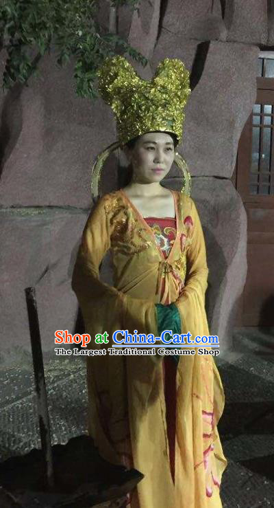 Chinese The Dream of Dongjing Song Dynasty Court Lady Dance Yellow Dress Stage Performance Costume and Hat for Women