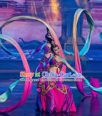 Chinese The Romantic Show of Tanhe Classical Dance Purple Dress Stage Performance Colorful Ribbon Costume for Women